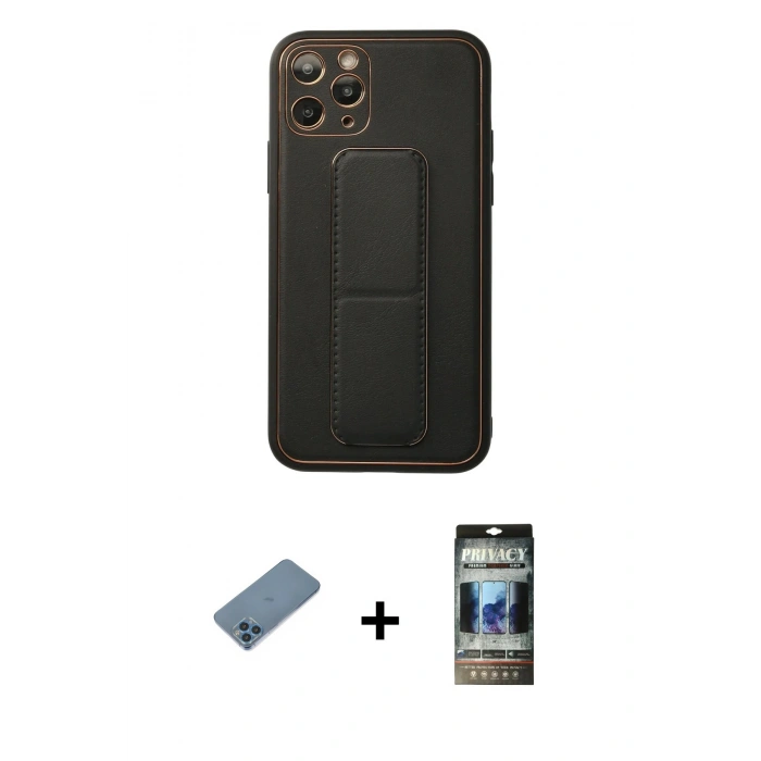 MARSİLYAN™- iPhone 11 Pro Kılıf Akış Doku - Siyah 34D Hayalet Izgaralı Cam + Shine Kamera Lens Koruma Cam - MI