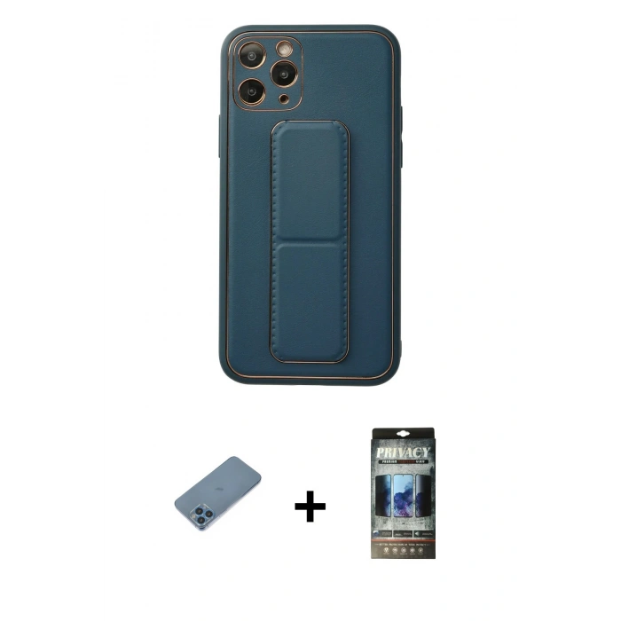 MARSİLYAN™- iPhone 11 Pro Kılıf Akış Doku - Siyah 34D Hayalet Izgaralı Cam + Shine Kamera Lens Koruma Cam - MI