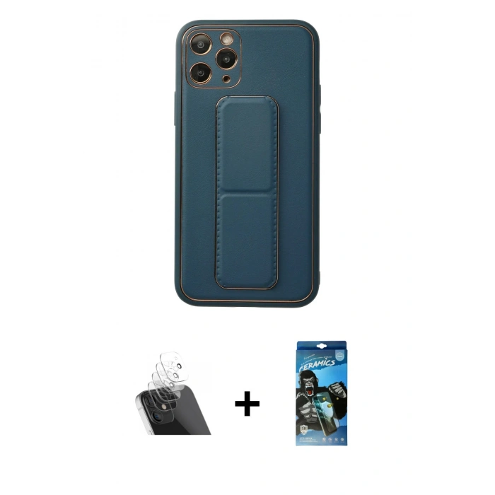MARSİLYAN™- iPhone 11 Pro Kılıf Akış Doku - Siyah 34D Izgaralı Cam + Kamera Lens Koruma Cam - SF