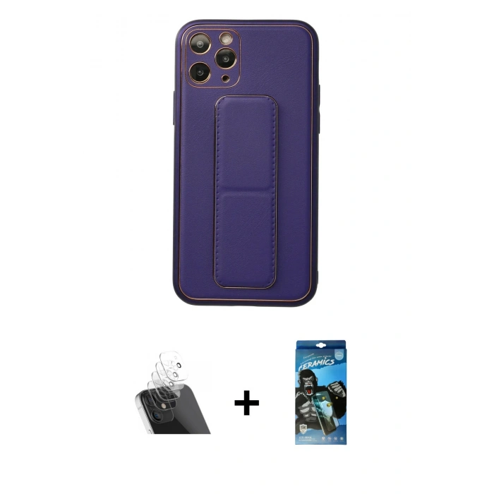 MARSİLYAN™- iPhone 11 Pro Kılıf Akış Doku - Siyah 34D Izgaralı Cam + Kamera Lens Koruma Cam - SF