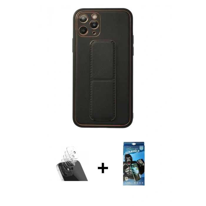 MARSİLYAN™- iPhone 11 Pro Kılıf Akış Doku - Siyah 34D Izgaralı Cam + Kamera Lens Koruma Cam - SF