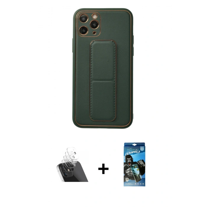 MARSİLYAN™- iPhone 11 Pro Kılıf Akış Doku - Siyah 34D Izgaralı Cam + Kamera Lens Koruma Cam - SF