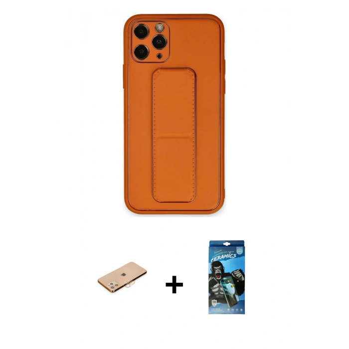 MARSİLYAN™- iPhone 11 Pro Kılıf Akış Doku - Siyah 34D Izgaralı Cam + Renkli Kamera Lens Koruma Cam - TU