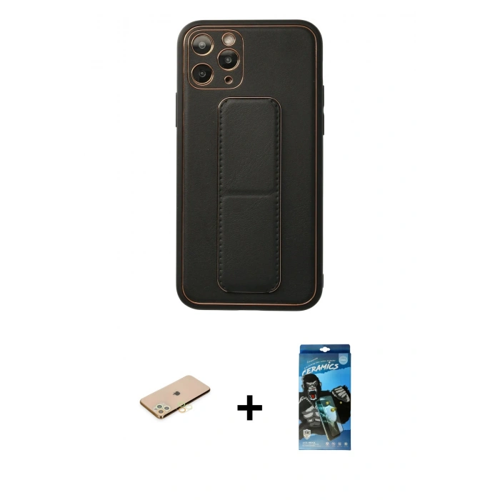 MARSİLYAN™- iPhone 11 Pro Kılıf Akış Doku - Siyah 34D Izgaralı Cam + Renkli Kamera Lens Koruma Cam - SI
