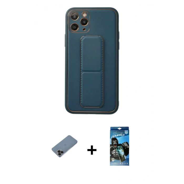 MARSİLYAN™- iPhone 11 Pro Kılıf Akış Doku - Siyah 34D Izgaralı Cam + Shine Kamera Lens Koruma Cam - SH