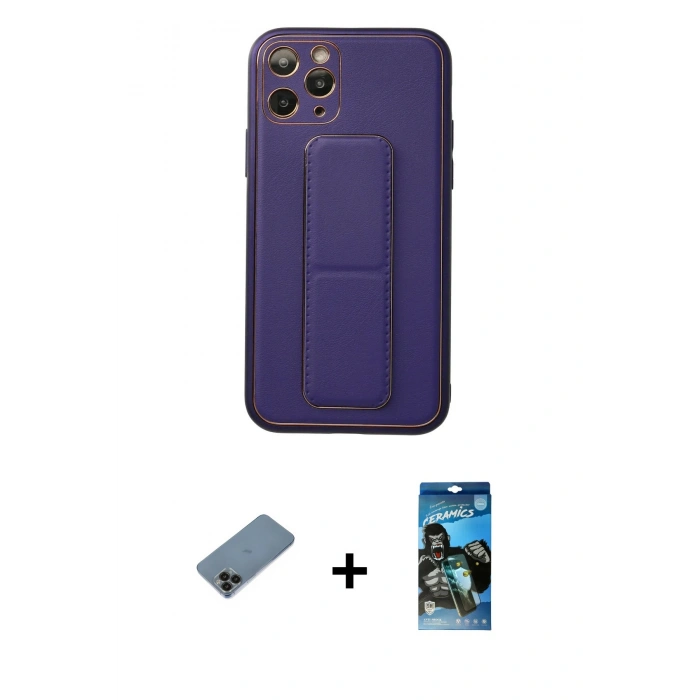 MARSİLYAN™- iPhone 11 Pro Kılıf Akış Doku - Siyah 34D Izgaralı Cam + Shine Kamera Lens Koruma Cam - SH