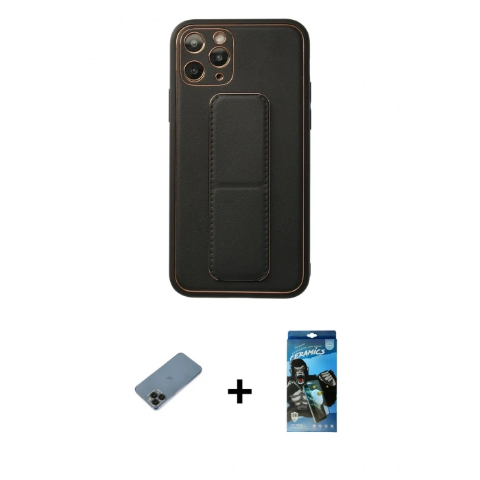 MARSİLYAN™- iPhone 11 Pro Kılıf Akış Doku - Siyah 34D Izgaralı Cam + Shine Kamera Lens Koruma Cam - SH