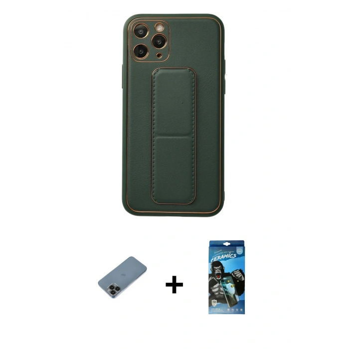 MARSİLYAN™- iPhone 11 Pro Kılıf Akış Doku - Siyah 34D Izgaralı Cam + Shine Kamera Lens Koruma Cam - SH