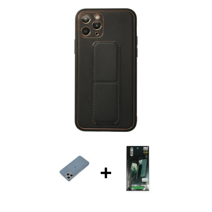 MARSİLYAN™- iPhone 11 Pro Kılıf Akış Doku - Siyah 360 Mat Full Body Arka Koruyucu + Shine Kamera Lens Koruma Cam - GS