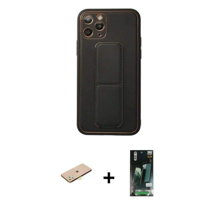 MARSİLYAN™- iPhone 11 Pro Kılıf Akış Doku - Siyah 360 Mat Full Body Arka Koruyucu + Renkli Kamera Lens Koruma Cam - PE