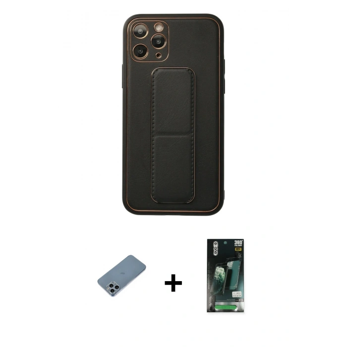 MARSİLYAN™- iPhone 11 Pro Kılıf Akış Doku - Siyah 360 Mat Full Body Arka Koruyucu + Shine Kamera Lens Koruma Cam - SABE