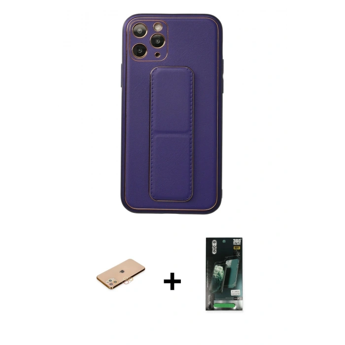 MARSİLYAN™- iPhone 11 Pro Kılıf Akış Doku - Siyah 360 Mat Full Body Arka Koruyucu + Turuncu Renkli Kamera Lens Koruma Cam