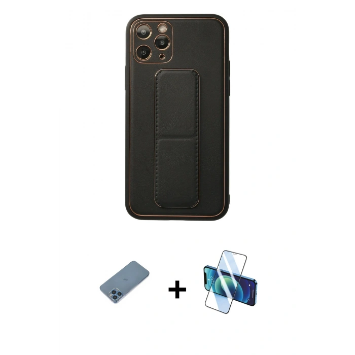 MARSİLYAN™- iPhone 11 Pro Kılıf Akış Doku - Siyah 3D Antistatik Cam Ekran Koruyucu + Shine Kamera Lens Koruma Cam - MI