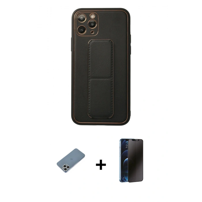 MARSİLYAN™- iPhone 11 Pro Kılıf Akış Doku - Siyah 3D Antistatik Hayalet Cam Ekran Koruyucu + Shine Kamera Lens Koruma Cam - GS