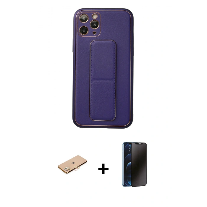 MARSİLYAN™- iPhone 11 Pro Kılıf Akış Doku - Siyah 3D Antistatik Hayalet Cam Ekran Koruyucu + Turuncu Renkli Kamera Lens Koruma Cam