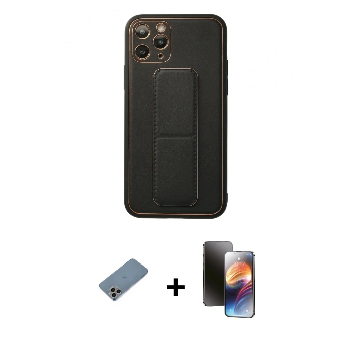MARSİLYAN™- iPhone 11 Pro Kılıf Akış Doku - Siyah 3D Antistatik Mat Seramik Nano Ekran Koruyucu + Shine Kamera Lens Koruma Cam - GI