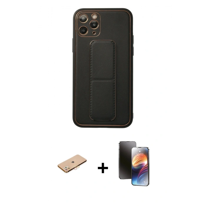 MARSİLYAN™- iPhone 11 Pro Kılıf Akış Doku - Siyah 3D Antistatik Mat Seramik Nano Ekran Koruyucu + Turuncu Renkli Kamera Lens Koruma Cam