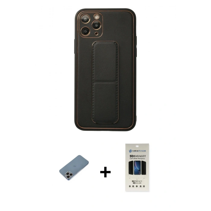 MARSİLYAN™- iPhone 11 Pro Kılıf Akış Doku - Siyah 5D Hayalet Cam Ekran Koruyucu + Shine Kamera Lens Koruma Cam - GI