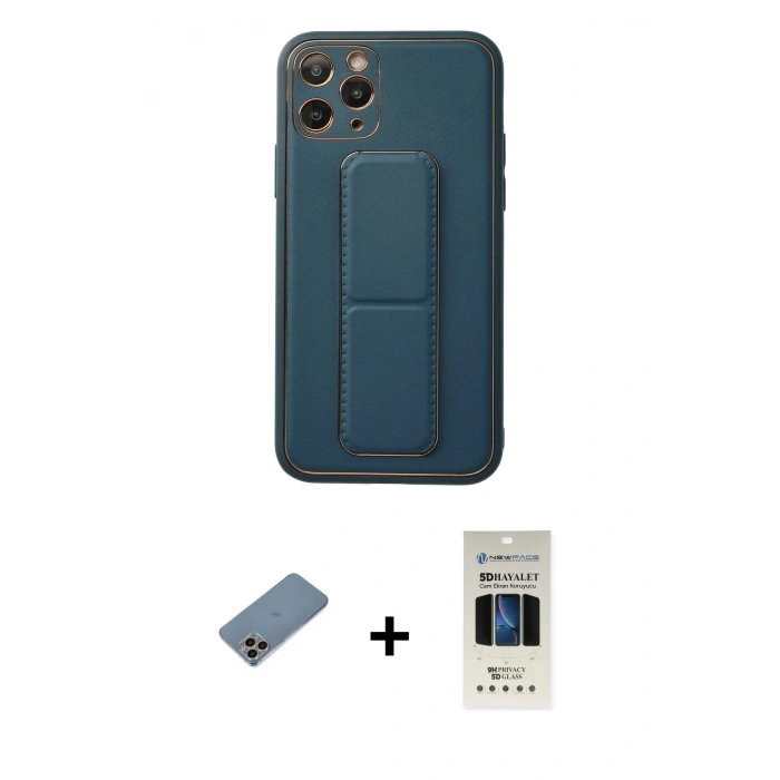 MARSİLYAN™- iPhone 11 Pro Kılıf Akış Doku - Siyah 5D Hayalet Cam Ekran Koruyucu + Shine Kamera Lens Koruma Cam - GI
