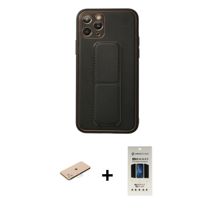 MARSİLYAN™- iPhone 11 Pro Kılıf Akış Doku - Siyah 5D Hayalet Cam Ekran Koruyucu + Renkli Kamera Lens Koruma Cam - MI