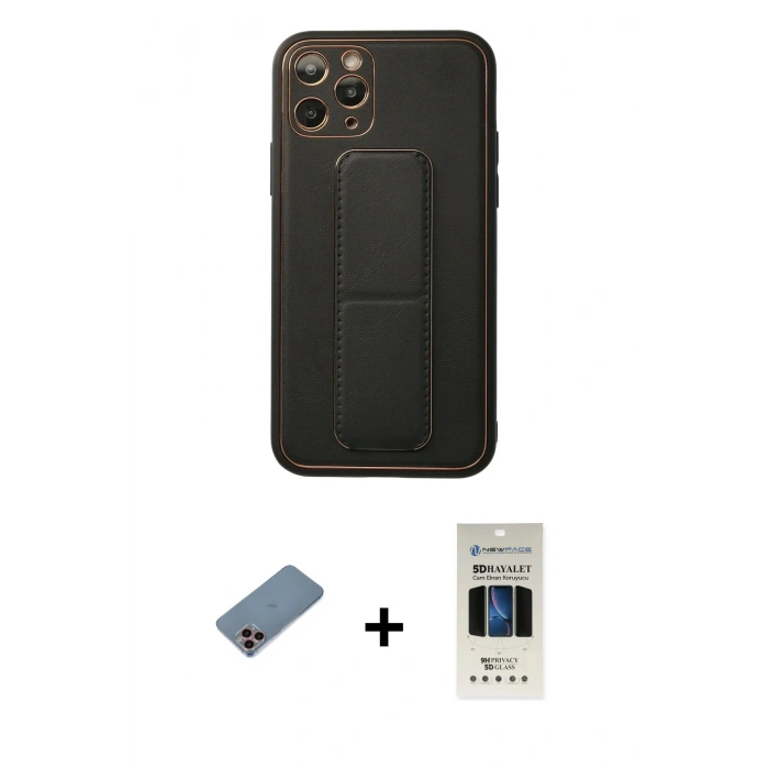 MARSİLYAN™- iPhone 11 Pro Kılıf Akış Doku - Siyah 5D Hayalet Cam Ekran Koruyucu + Shine Kamera Lens Koruma Cam - PE