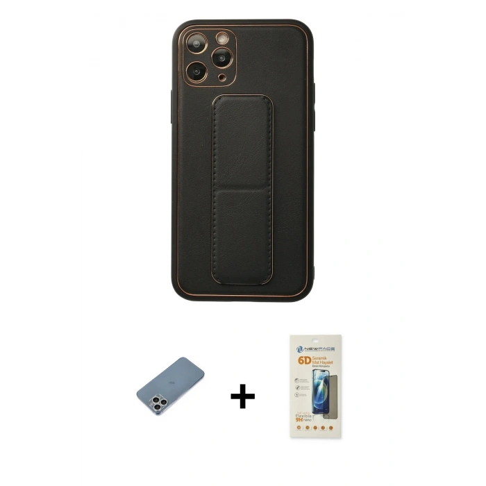 MARSİLYAN™- iPhone 11 Pro Kılıf Akış Doku - Siyah 6D Mat Seramik Hayalet Nano Ekran Koruyucu + Shine Kamera Lens Koruma Cam - GS