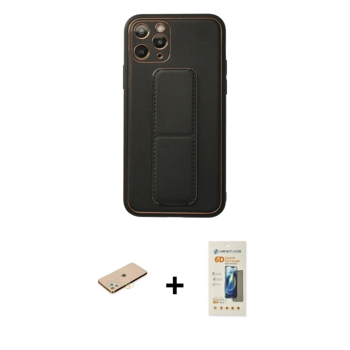 MARSİLYAN™- iPhone 11 Pro Kılıf Akış Doku - Siyah 6D Mat Seramik Hayalet Nano Ekran Koruyucu + Renkli Kamera Lens Koruma Cam - PE