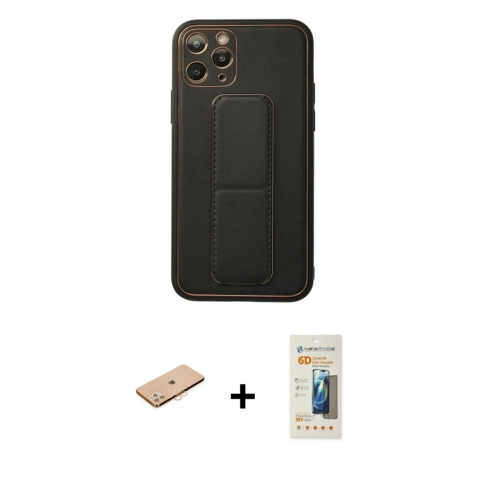 MARSİLYAN™- iPhone 11 Pro Kılıf Akış Doku - Siyah 6D Mat Seramik Hayalet Nano Ekran Koruyucu + Renkli Kamera Lens Koruma Cam - TU