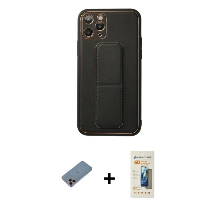 MARSİLYAN™- iPhone 11 Pro Kılıf Akış Doku - Siyah 6D Mat Seramik Hayalet Nano Ekran Koruyucu + Shine Kamera Lens Koruma Cam - PE