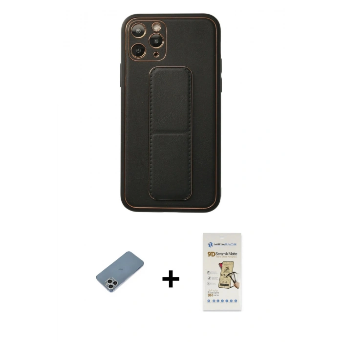 MARSİLYAN™- iPhone 11 Pro Kılıf Akış Doku - Siyah Mat Seramik Nano Ekran Koruyucu + Shine Kamera Lens Koruma Cam - GS