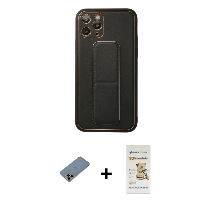 MARSİLYAN™- iPhone 11 Pro Kılıf Akış Doku - Siyah Mat Seramik Nano Ekran Koruyucu + Shine Kamera Lens Koruma Cam - GD