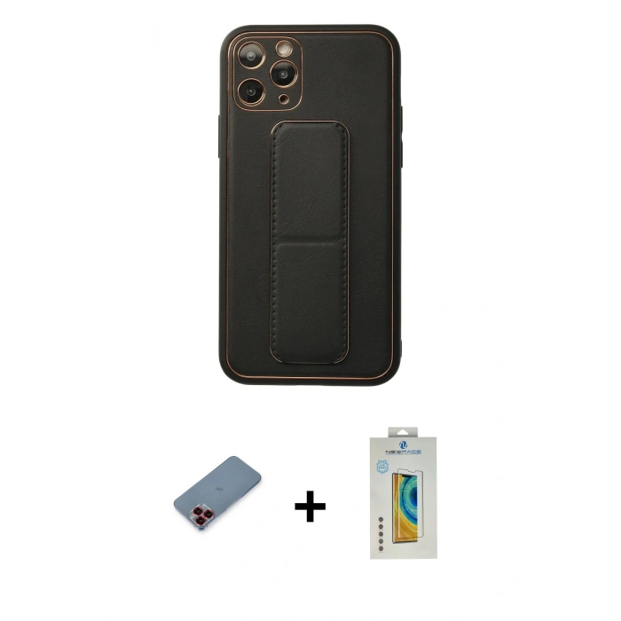 MARSİLYAN™- iPhone 11 Pro Kılıf Akış Doku - Siyah Polymer Nano Ekran Koruyucu + Metal Kamera Lens Koruma Cam - KI