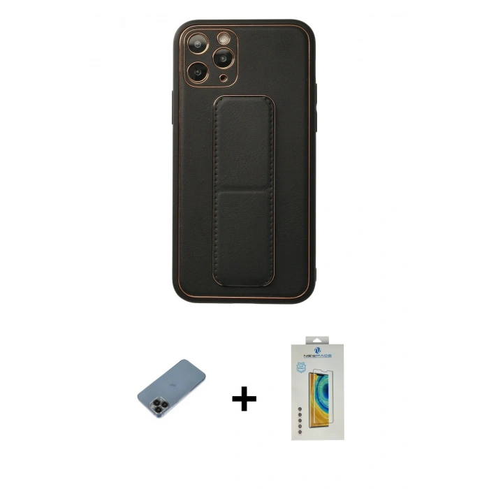 MARSİLYAN™- iPhone 11 Pro Kılıf Akış Doku - Siyah Polymer Nano Ekran Koruyucu + Shine Kamera Lens Koruma Cam - SH