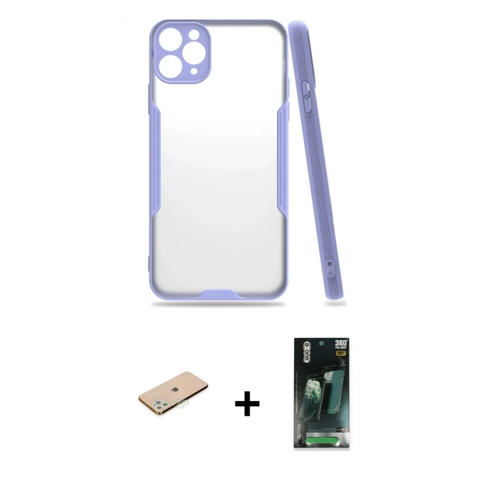 MARSİLYAN™- iPhone 11 Pro Kılıf Atlas Asil Serisi - Şeffaf 360 Full Body Arka Koruyucu + Renkli Kamera Lens Koruma Cam - YL