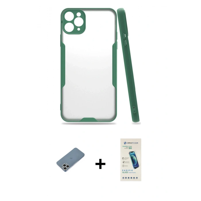 MARSİLYAN™- iPhone 11 Pro Kılıf Atlas Asil Serisi - Şeffaf Pasifik Cam Ekran Koruyucu + Shine Kamera Lens Koruma Cam - GS