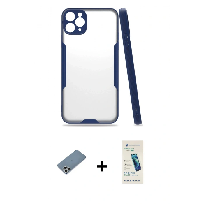 MARSİLYAN™- iPhone 11 Pro Kılıf Atlas Asil Serisi - Şeffaf Pasifik Cam Ekran Koruyucu + Shine Kamera Lens Koruma Cam - GS
