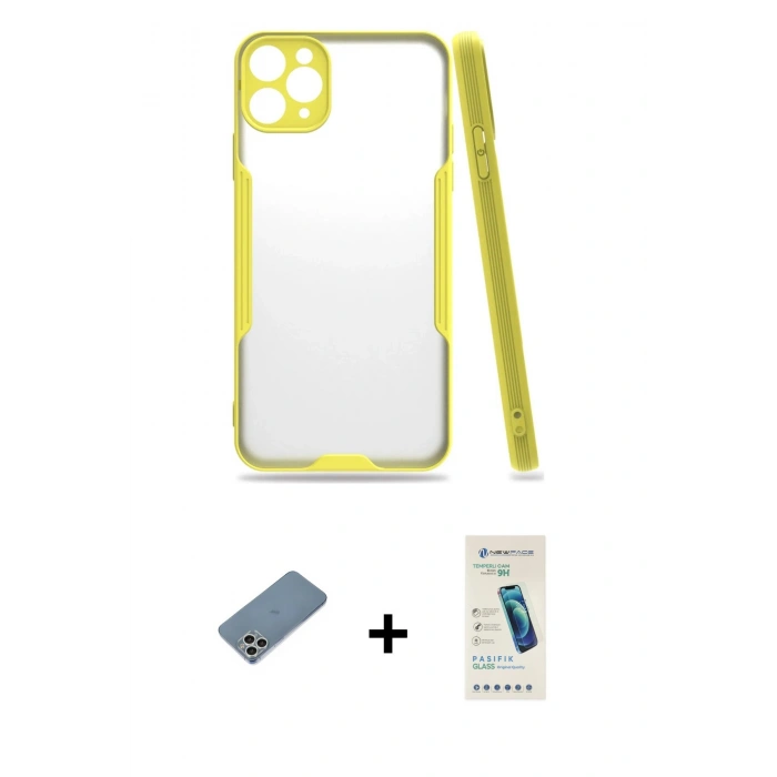 MARSİLYAN™- iPhone 11 Pro Kılıf Atlas Asil Serisi - Şeffaf Pasifik Cam Ekran Koruyucu + Shine Kamera Lens Koruma Cam - GS