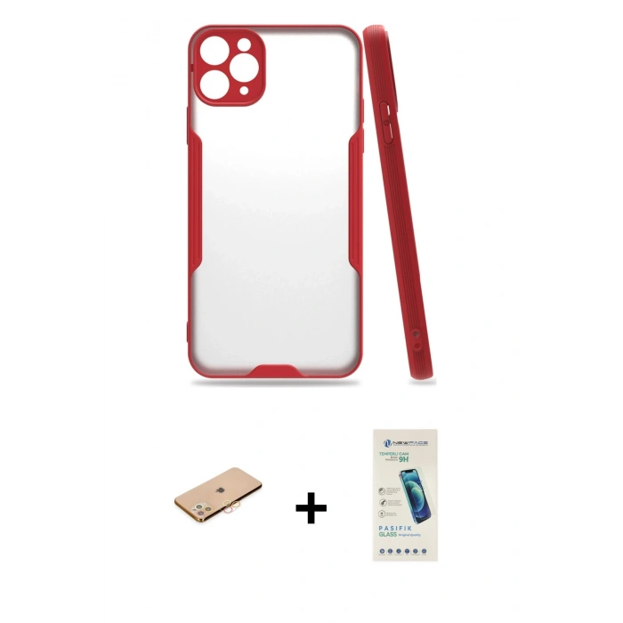 MARSİLYAN™- iPhone 11 Pro Kılıf Atlas Asil Serisi - Şeffaf Pasifik Cam Ekran Koruyucu + Renkli Kamera Lens Koruma Cam - TU