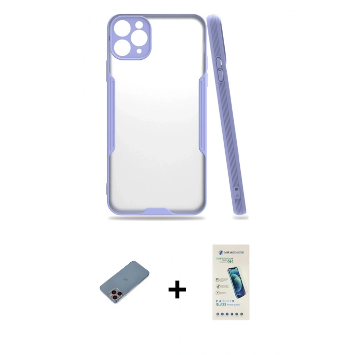MARSİLYAN™- iPhone 11 Pro Kılıf Atlas Asil Serisi - Şeffaf Pasifik Cam Ekran Koruyucu + Shine Kamera Lens Koruma Cam - PE