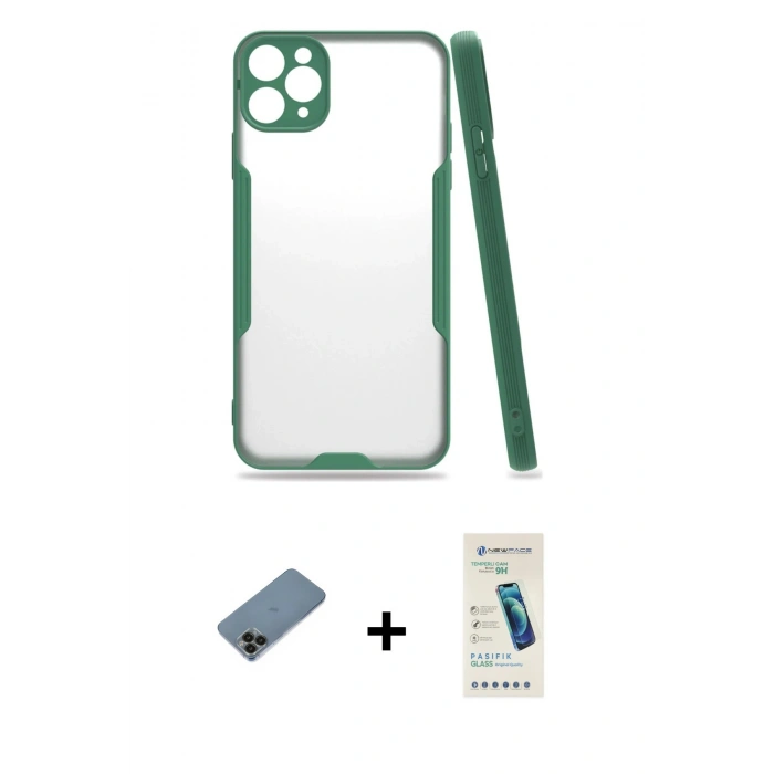 MARSİLYAN™- iPhone 11 Pro Kılıf Atlas Asil Serisi - Şeffaf Pasifik Cam Ekran Koruyucu + Shine Kamera Lens Koruma Cam - SH