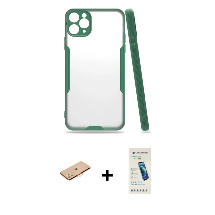 MARSİLYAN™- iPhone 11 Pro Kılıf Atlas Asil Serisi - Şeffaf Pasifik Cam Ekran Koruyucu + Renkli Kamera Lens Koruma Cam - TU