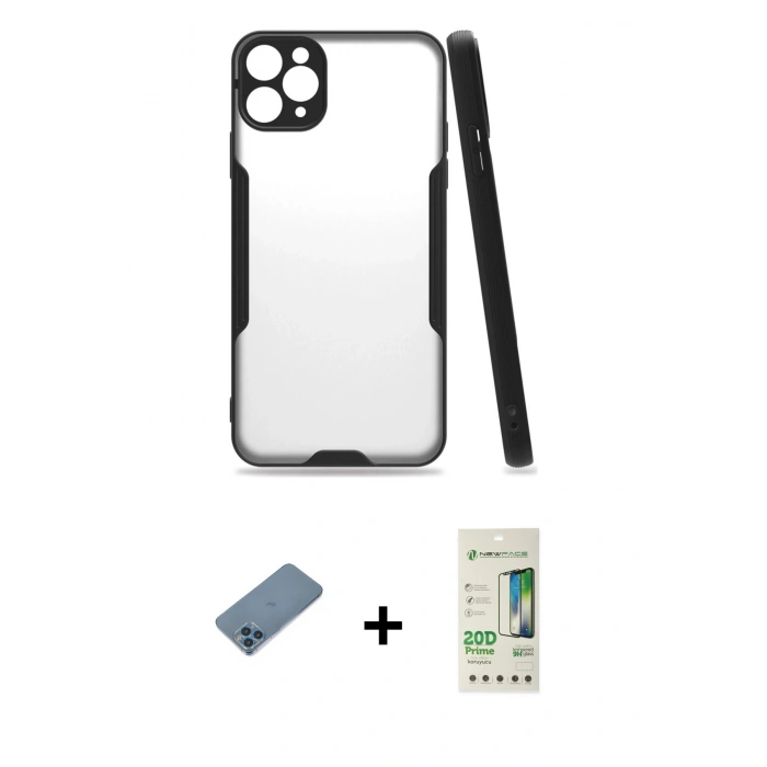 MARSİLYAN™- iPhone 11 Pro Kılıf Atlas Asil Serisi - Siyah 20D Premium Cam Ekran Koruyucu + Shine Kamera Lens Koruma Cam - MI