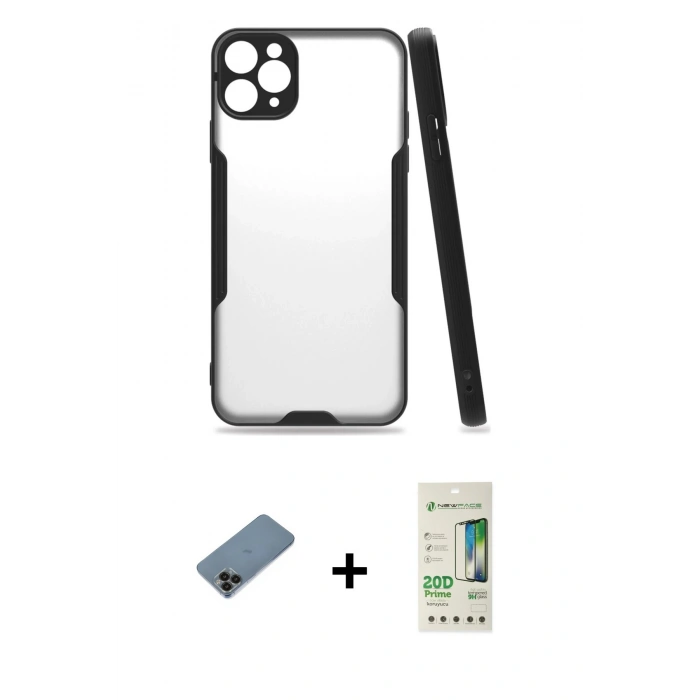 MARSİLYAN™- iPhone 11 Pro Kılıf Atlas Asil Serisi - Siyah 20D Premium Cam Ekran Koruyucu + Shine Kamera Lens Koruma Cam - SH