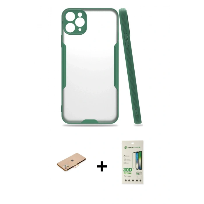 MARSİLYAN™- iPhone 11 Pro Kılıf Atlas Asil Serisi - Siyah 20D Premium Cam Ekran Koruyucu + Renkli Kamera Lens Koruma Cam - TU