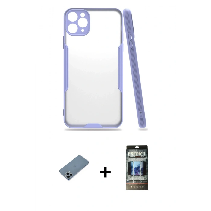 MARSİLYAN™- iPhone 11 Pro Kılıf Atlas Asil Serisi - Siyah 34D Hayalet Izgaralı Cam + Shine Kamera Lens Koruma Cam - SABE