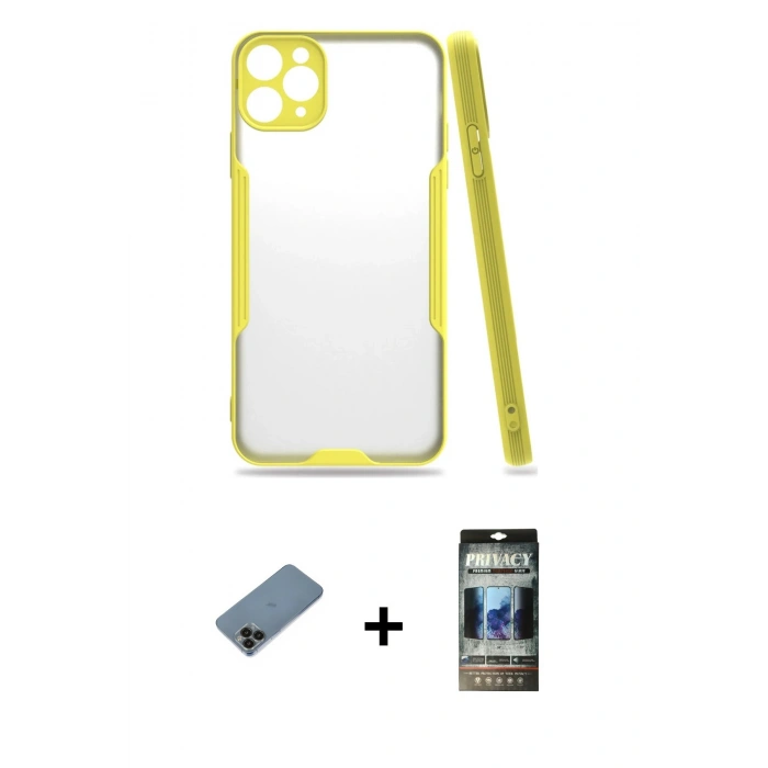 MARSİLYAN™- iPhone 11 Pro Kılıf Atlas Asil Serisi - Siyah 34D Hayalet Izgaralı Cam + Shine Kamera Lens Koruma Cam - SH