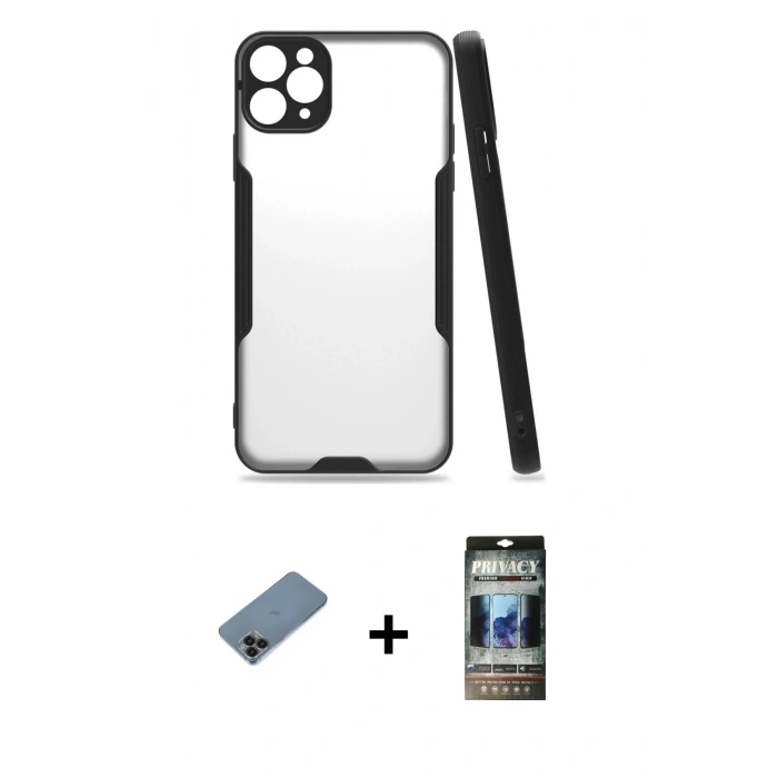 MARSİLYAN™- iPhone 11 Pro Kılıf Atlas Asil Serisi - Siyah 34D Hayalet Izgaralı Cam + Shine Kamera Lens Koruma Cam - SH