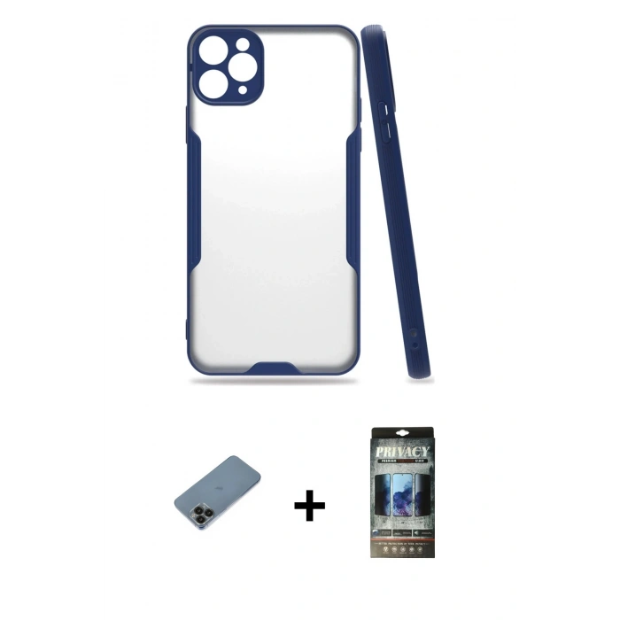 MARSİLYAN™- iPhone 11 Pro Kılıf Atlas Asil Serisi - Siyah 34D Hayalet Izgaralı Cam + Shine Kamera Lens Koruma Cam - SH