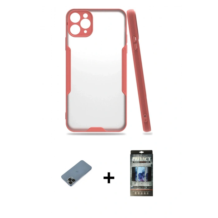 MARSİLYAN™- iPhone 11 Pro Kılıf Atlas Asil Serisi - Siyah 34D Hayalet Izgaralı Cam + Shine Kamera Lens Koruma Cam - SH