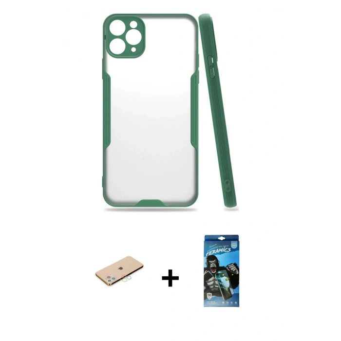 MARSİLYAN™- iPhone 11 Pro Kılıf Atlas Asil Serisi - Siyah 34D Izgaralı Cam + Renkli Kamera Lens Koruma Cam - MI